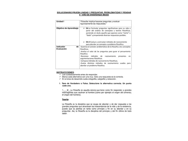 Solucionario Evaluación: 1 Que ES Filosofía - Seminario de Filosofía (3°-4° Medio)
