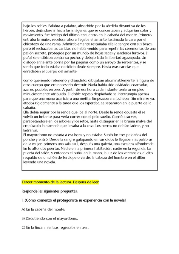 Guía de comprensión lectora del cuento "Continuidad de los parques"+ Pauta de corrección