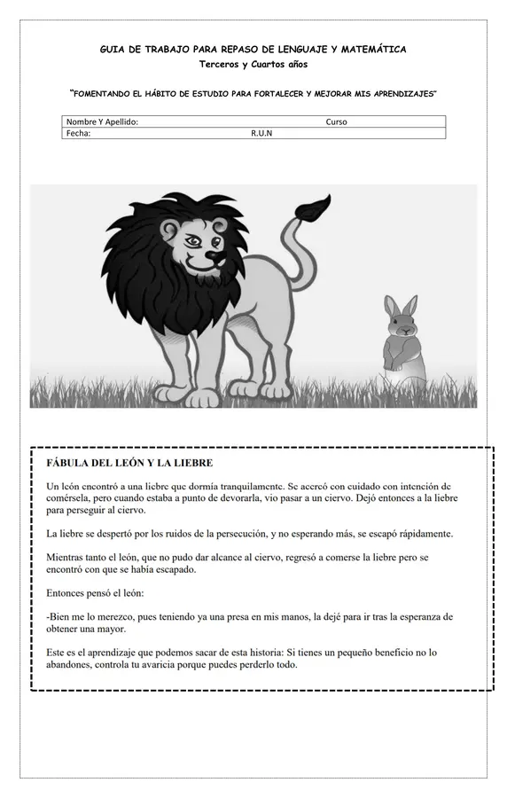 Guia EDITABLE EN WORD  de ejercicios de Lenguaje y matemática tercer y cuarto año.