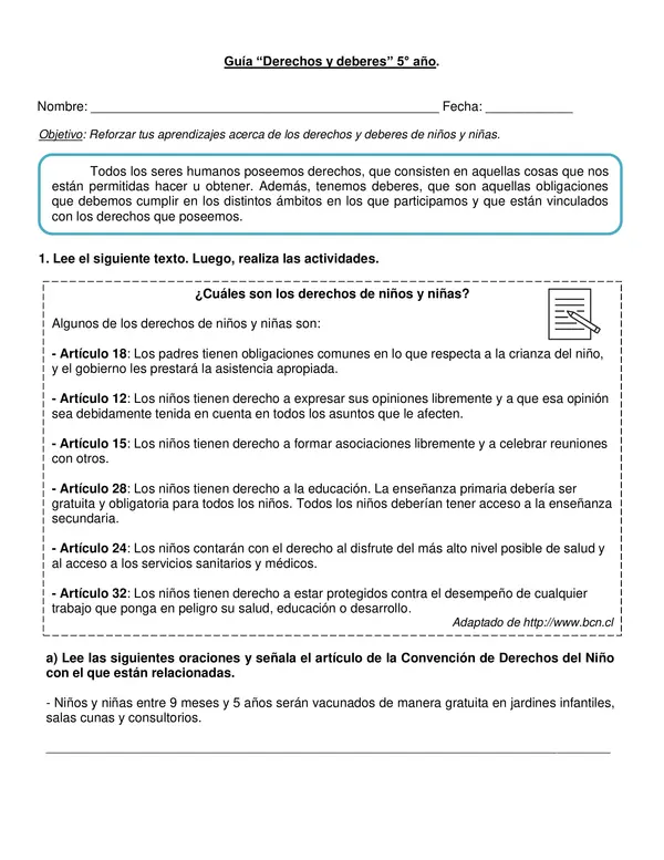 Guía de historia "Deberes y derechos" 5° año básico.