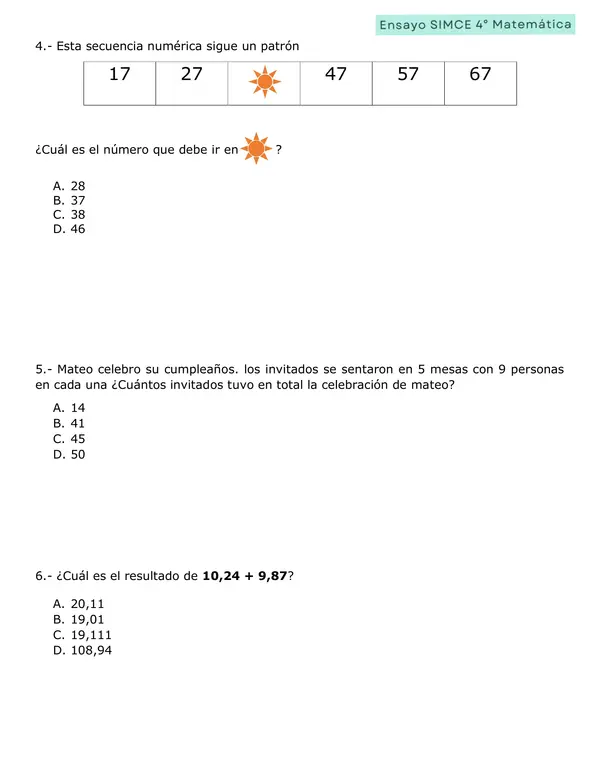 Actualizado: Ensayo SIMCE matemáticas 4° básico (preguntas 2024 y 2025)
