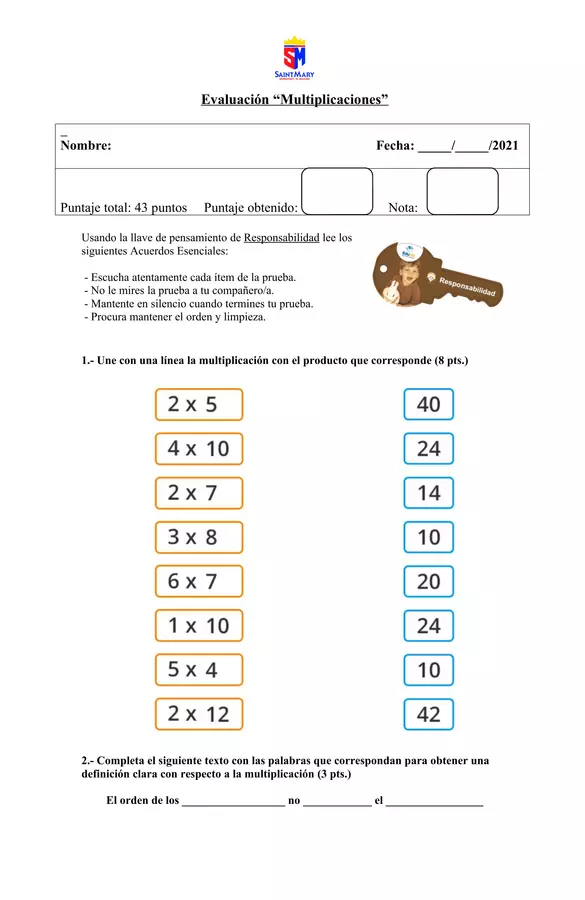 Evaluación multiplicaciones 4to básico