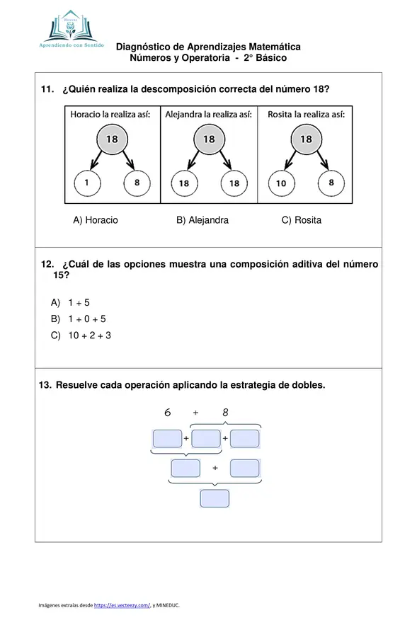 Diagnóstico Matemática Segundo Básico, Número y Operatoria con pauta de respuesta.