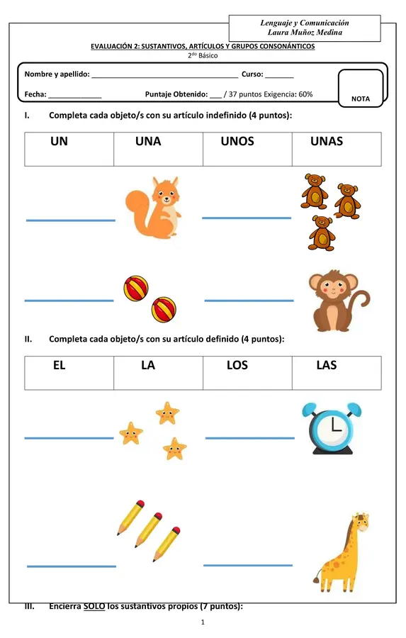 Evaluación de lenguaje Artículos, sustantivos, grupos consonánticos