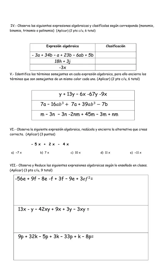 Evaluación Álgebra 7° básico Términos semejantes y reducción de términos