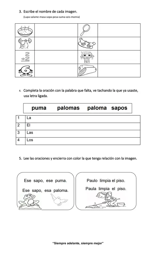 Guía letras m, l, p y s  primero básico