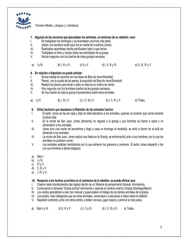 Prueba "La rebelión de la granja" Tercero medio. Orwell.
