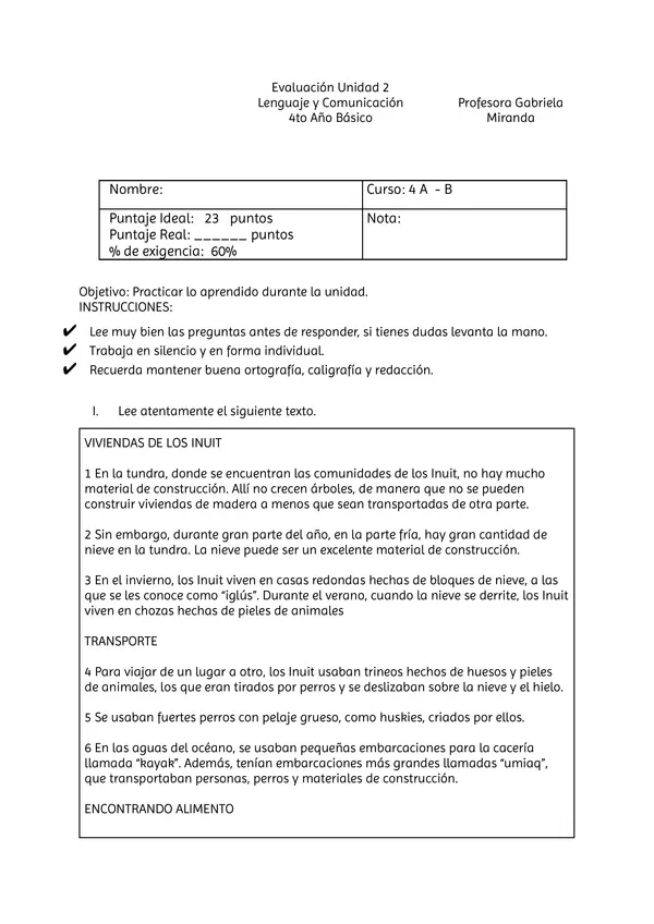 Evaluación Lenguaje y Comunicación | 4º Básico Unidad 2