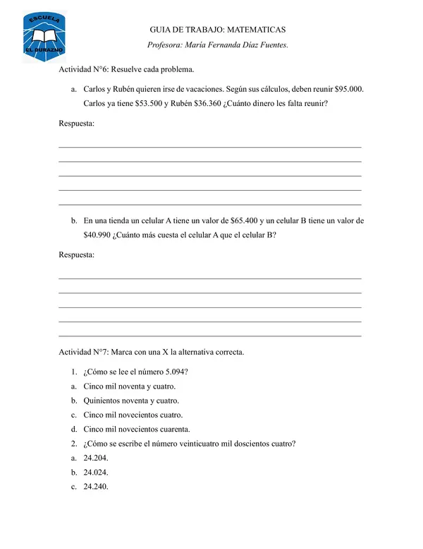 Guia de trabajo matemáticas