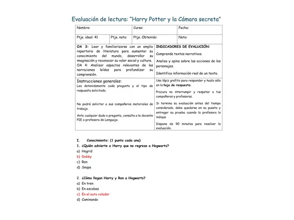 Evaluación "Harry Potter y la cámara secreta"