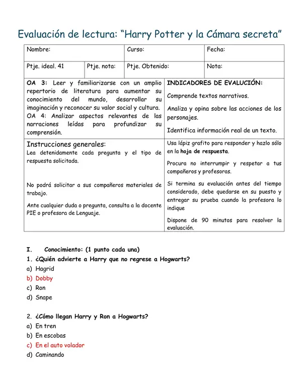 Evaluación "Harry Potter y la cámara secreta"
