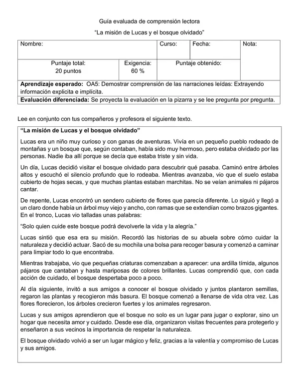 Guía evaluada comprensión lectora
