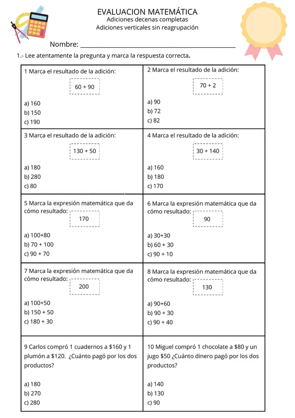 Evaluacion suma con reserva y resultado de 3 dígitos