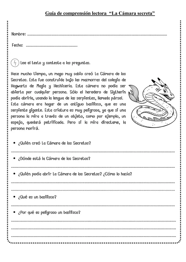 Guía de comprensión "Harry Potter y la cámara secreta" 3°-4° año básico.