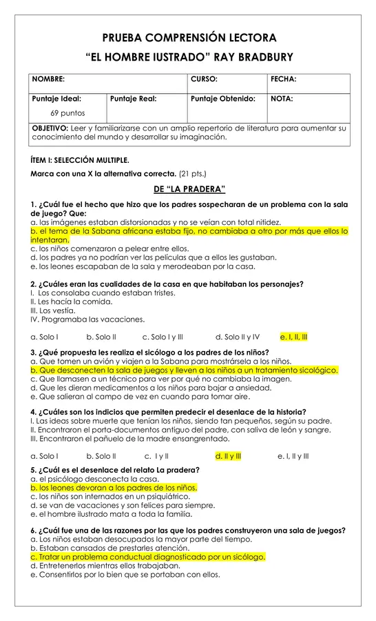 Prueba Lectura - El hombre ilustrado (Ray Bradbury)