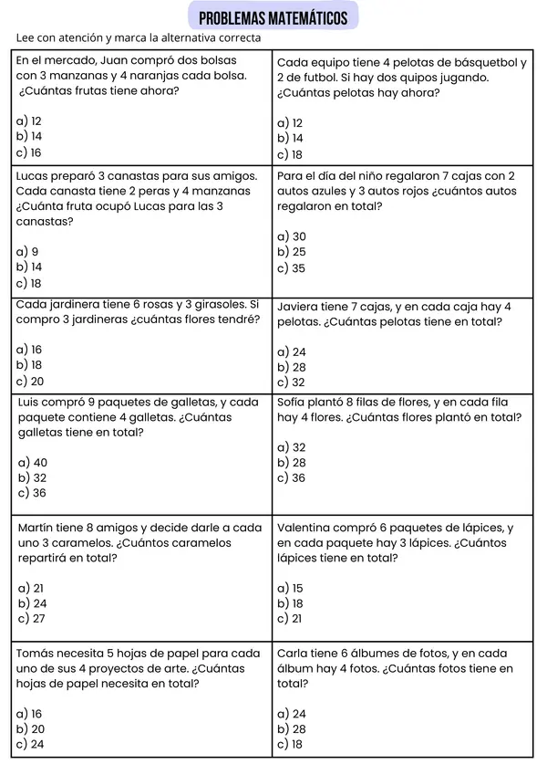  Ficha de Matemática: Problemas de Multiplicación - Tablas del 2, 3 y 4