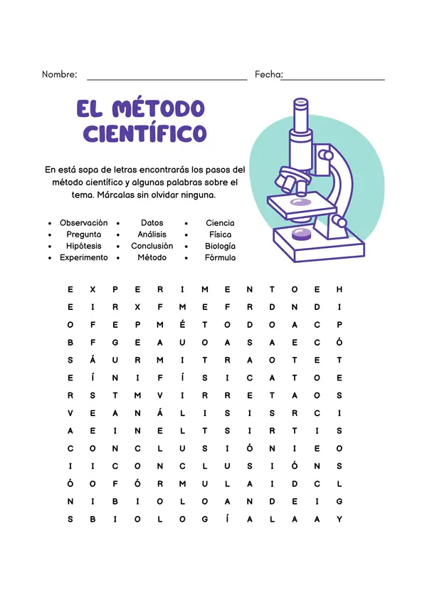 Sopa de letras El método científico 