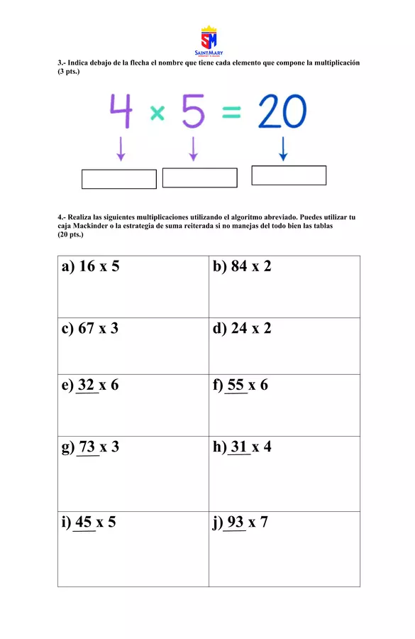 Evaluación multiplicaciones 4to básico