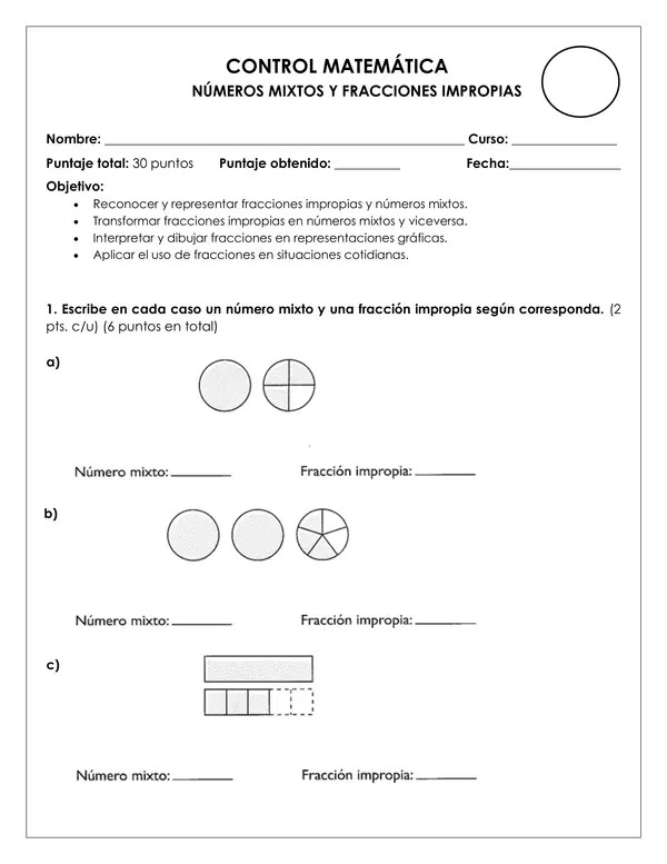 Control Matemática - Números mixtos y fracciones impropias 4°básico