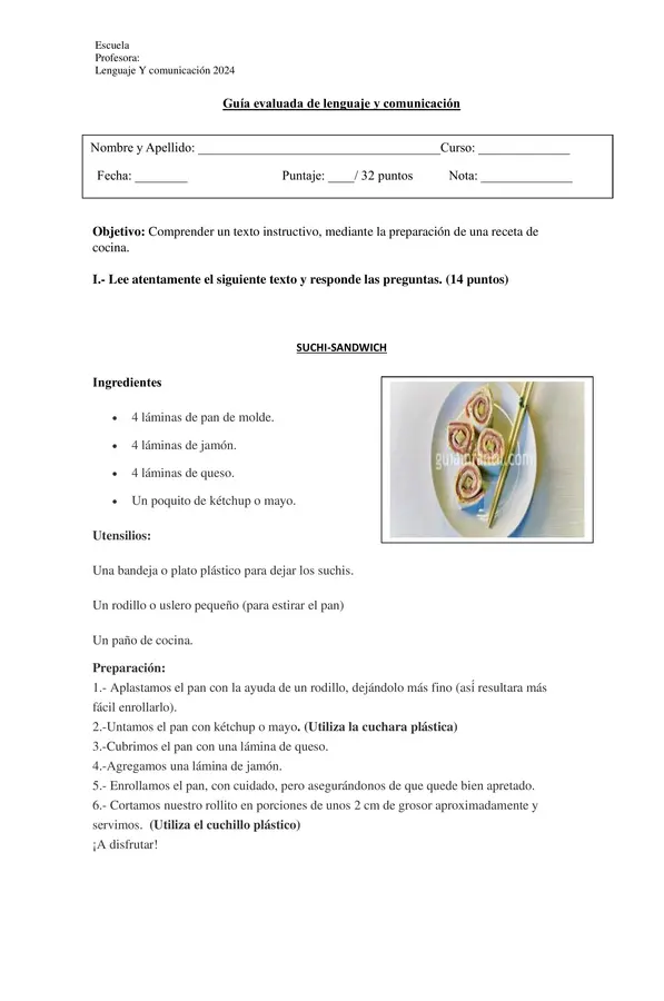 Evaluación de un texto instructivo (Receta de cocina)