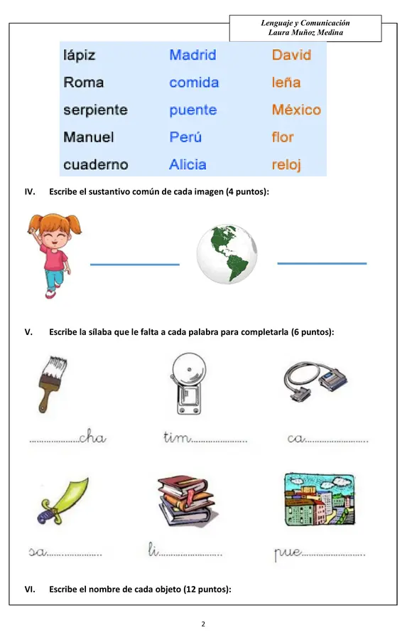 Evaluación de lenguaje Artículos, sustantivos, grupos consonánticos