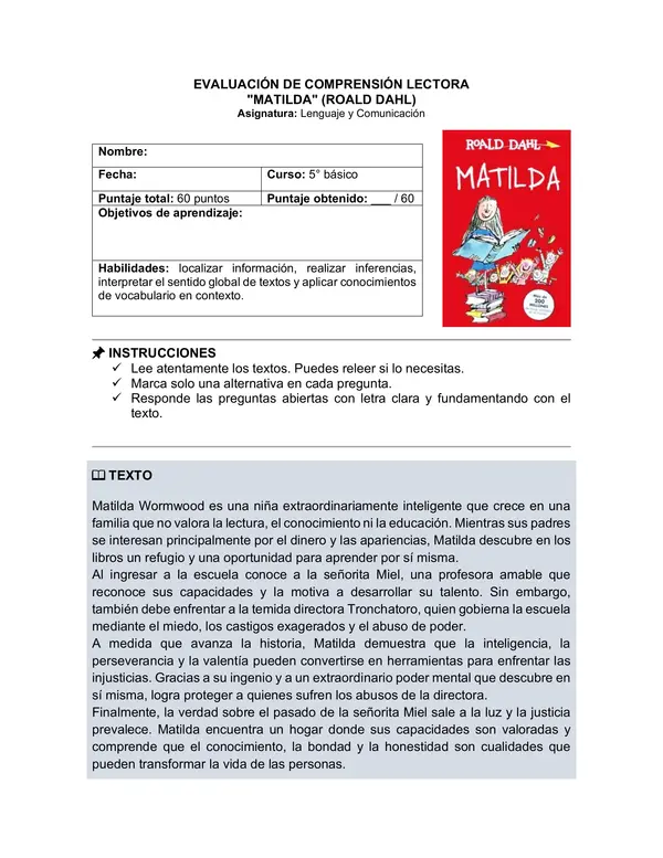 Prueba del libro "Matilda" (Roal Dahl) 5° básico