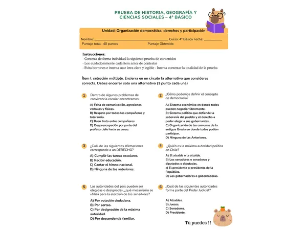 Prueba de Historia 4° Básico: Democracia, Derechos y Poderes del Estado