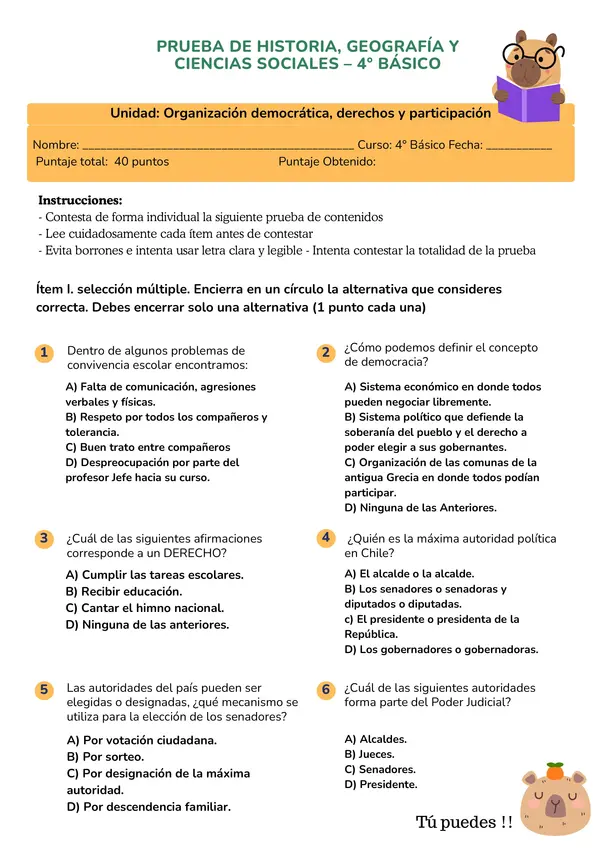 Prueba de Historia 4° Básico: Democracia, Derechos y Poderes del Estado