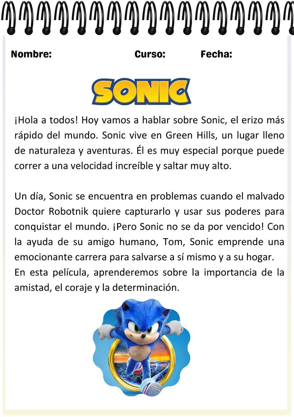 Guía de apoyo de lenguaje y comunicación para tercero básico con la temática de Sonic.