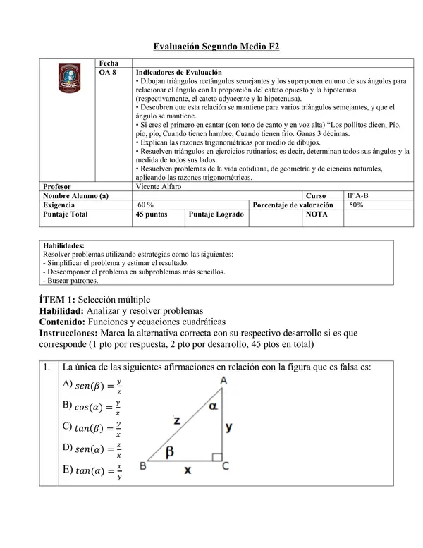 Evaluación trigonometría segundo medio 2da forma