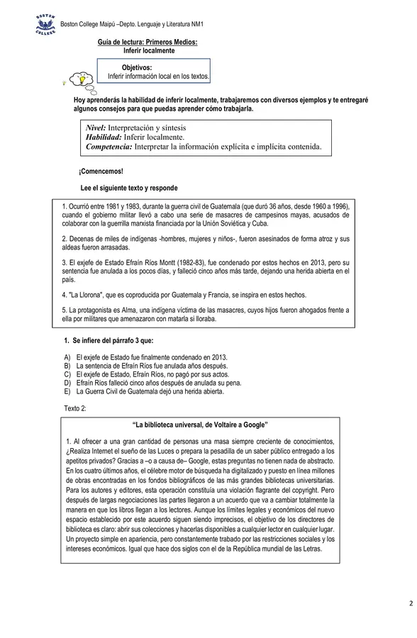 Guía comprensión lectora, segundo medio, habilidad inferir.