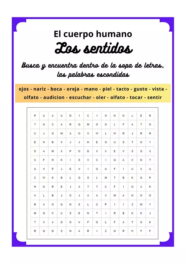 Guía, cuadernillo con actividades sobre El cuerpo humano - Los sentidos - En español