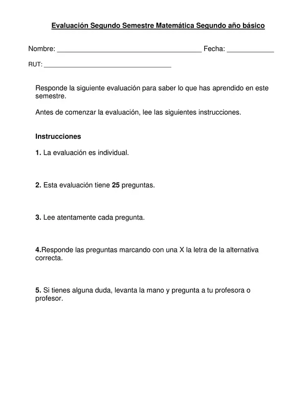 Evaluación de matemática Segundo semestre, 2° año básico. (tipo simce)