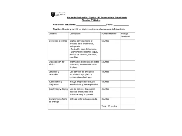 Pauta para evaluar triptico " Proceso de la fotosintesis" 6° Básico 