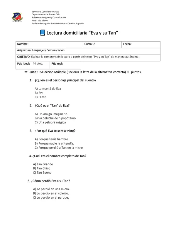Evaluación lectura domiciliaria "Eva y su Tan"