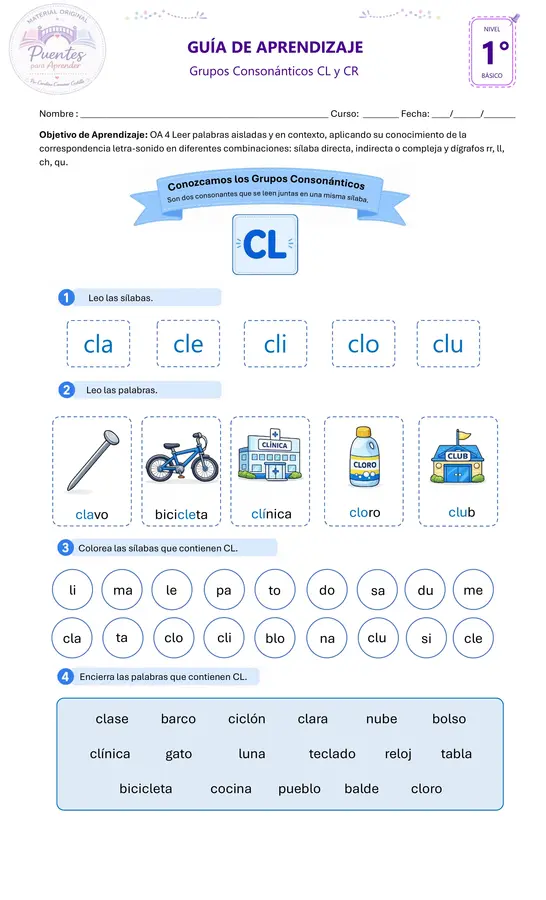 Guía de Grupos Consonánticos CL y CR | 1° Básico | Lectoescritura y Comprensión Lectora (PDF)