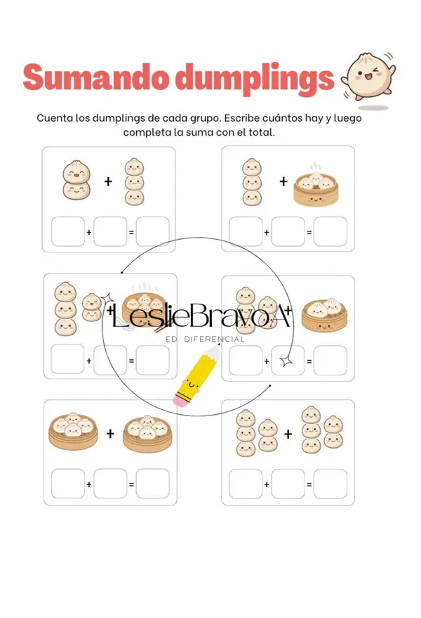 🥟 Adición con Dumplings | Material Imprimible para Matemáticas | Educación Inicial y 1° Básico