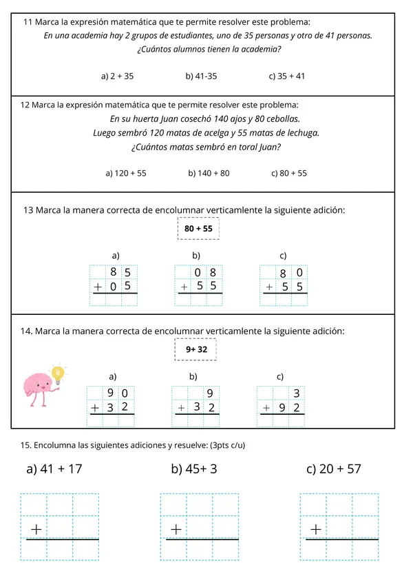 Evaluacion suma con reserva y resultado de 3 dígitos