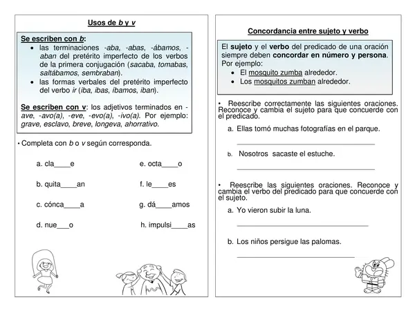 Guía " Uso de B y V" " Concordancia entre sujeto y verbo" 4° año básico