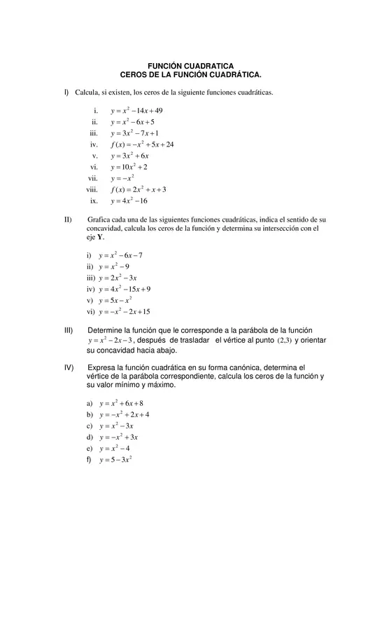 GUIA FUNCION CUADRATICA Ceros de la_funcion_cuadratica., Tercero Medio, matematicas
