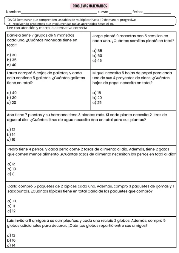  Ficha de Matemática: Problemas de Multiplicación - Tablas del 2, 3 y 4