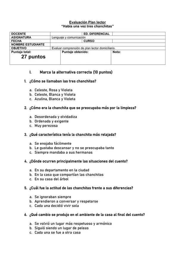Evaluación "Había una vez tres chanchitas"