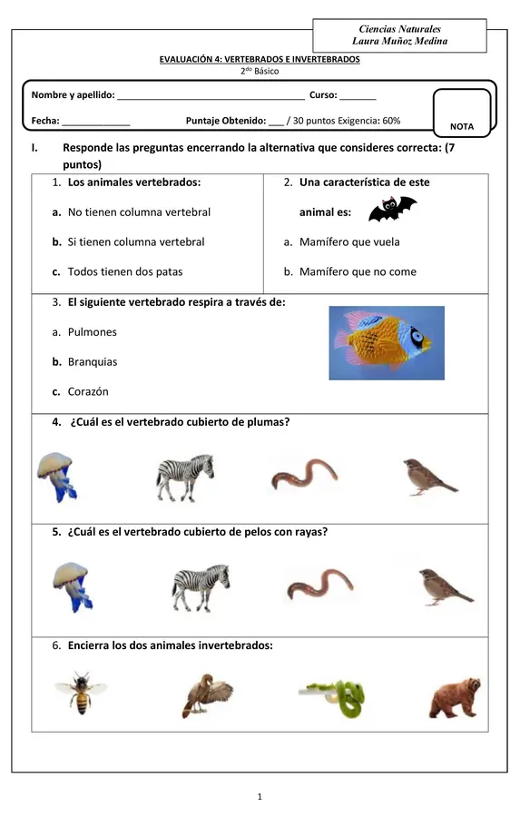 Evaluación de ciencias (vertebrados e invertebrados)