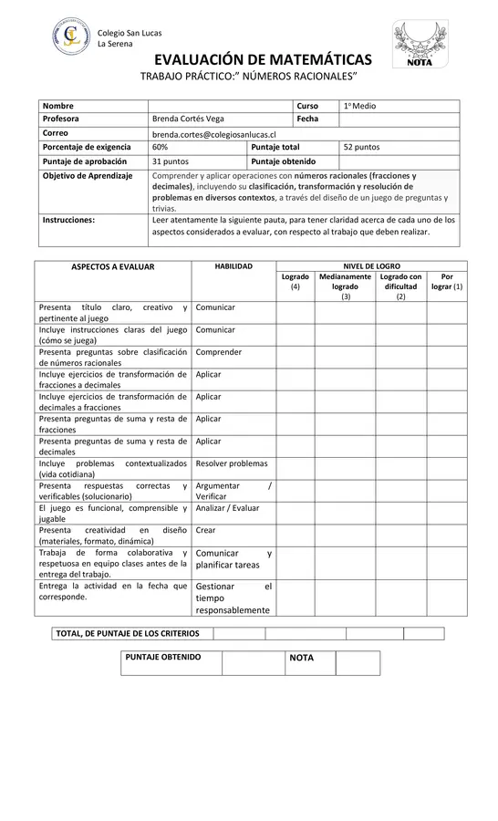evaluacion unidad uno numeros racionales