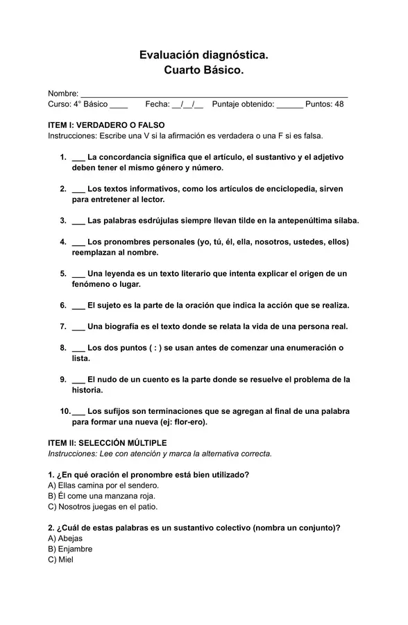 Evaluación diagnóstica Lenguaje y Comunicación Cuarto Básico
