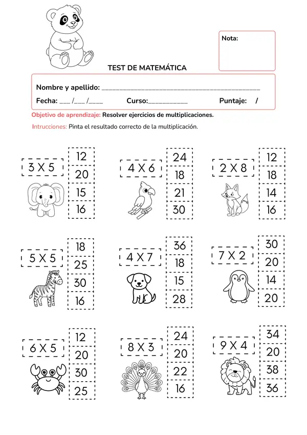 Test de Matemática: Tablas de Multiplicar y Ejercitación