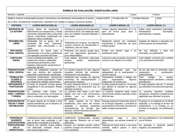 Rúbrica: Disertación de un libro (simple)