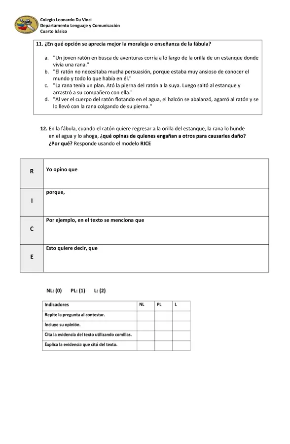 Prueba de Lenguaje y Comunicación 4° básico.