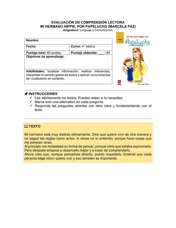 Prueba del libro "Mi hermano hippie, por Papelucho" (Marcela Paz)