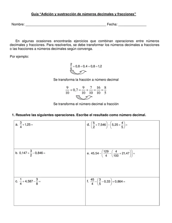 Guía "Suma y resta de números decimales y fracciones" 5° año